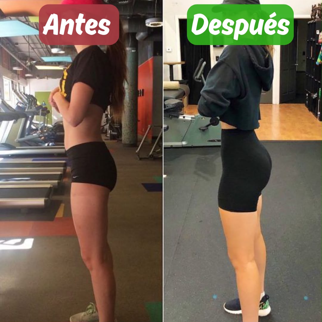Side-by-side before and after progress photos of a woman training in a gym