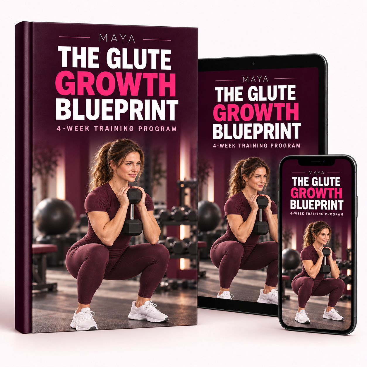 The Glute Growth Blueprint shown as a workbook, tablet, and phone