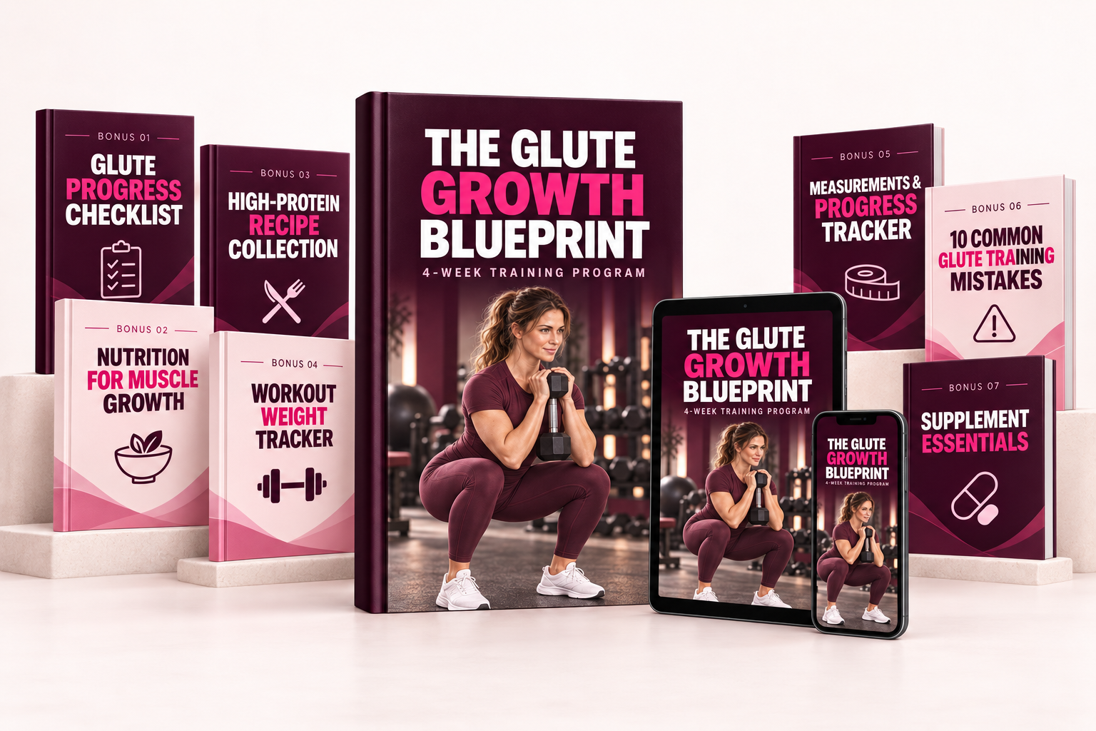 The Glute Growth Blueprint workbook with a tablet, a phone, and all seven bonus booklets